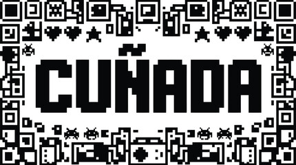 Fototapeta premium Retro pixel art typography with Cuñada text, vintage 8-bit video game frame, black and white gaming aesthetic vector illustration