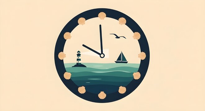 Nautical theme clock design featuring seaside landscape with lighthouse sailboat and seagull silhouette under clear sky surrounded by sea shell numbers on dark circular frame for beach home decor art.