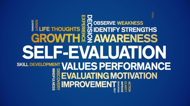 Self-Evaluation animated word cloud-text design animation tag kinetic typography seamless loop.