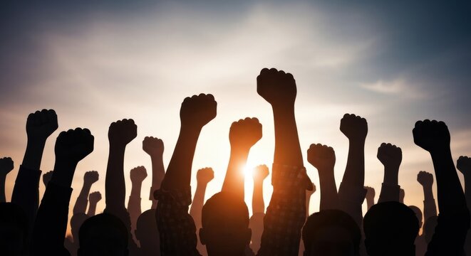 A powerful silhouette image capturing numerous raised fists against a brilliant, bright sunset sky, symbolizing solidarity, unity, and strength. labour day 2026