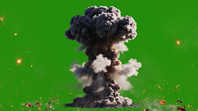 Explosion, Mushroom Cloud, Smoke, Fire, Green Screen, 3D Rendering 4k video ai