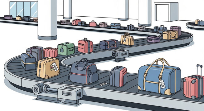 Airport Luggage Conveyor Belt with Many Suitcases Moving.