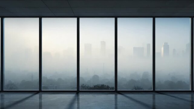 Urban Vista Through Glass: A modern office space frames the cityscape through a series of large windows, the city veiled in a morning mist.