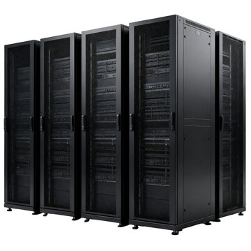 [Transparent Background PNG]Row of black server racks in data center