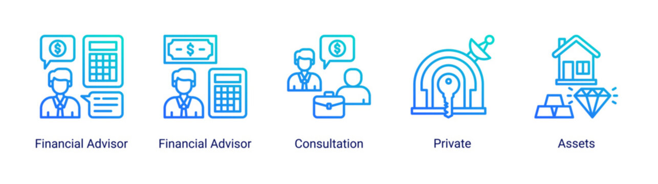 Advisory icon set featuring financial advisor,consultation,private,and asset icons.Suitable for wealth management and consulting services.