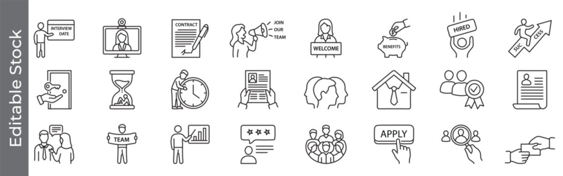Recruitment and HR process icon set &ndash; editable outline symbols of job interview, hiring, contract, teamwork, benefits and employee management