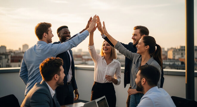 Professionals gather on a rooftop deck to share a celebratory high five as a sign of team synergy and project completion amidst the backdrop of a sprawling city landscape at dusk during summer.