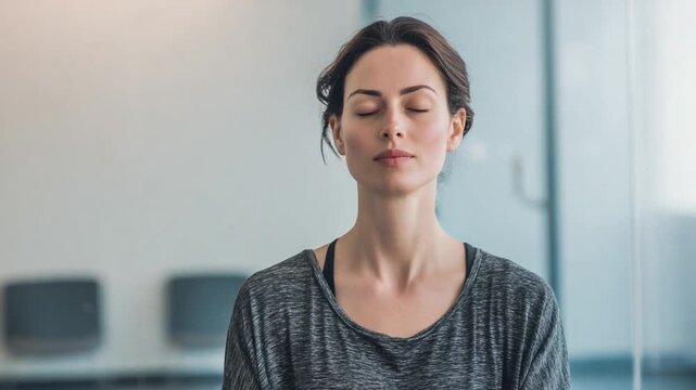 Tranquility Embodied: A serene portrait of a woman lost in peaceful meditation, her eyes gently closed, reflecting a state of inner calm.