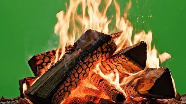 Burning firewood, flames, wood fire, burning wood, green background 4k video ai