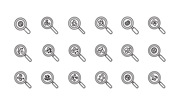 Magnifying glass revealing diverse microbial organisms and cellular structures in a clean graphic illustration