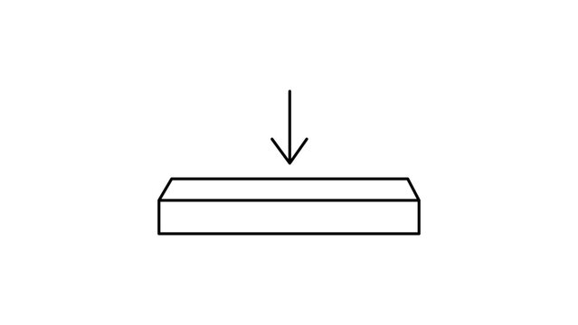 Minimalist black line vector icon of an arrow pointing down into a rectangular tray, representing a queue or incoming message. This scalable SVG illustration features an editable stroke.