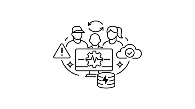 Site Reliability Engineering SRE Team Icon with Monitoring, Cloud, and Database Elements, Minimalist Black Outline Illustration with Editable Stroke Vector for DevOps and IT Infrastructure.