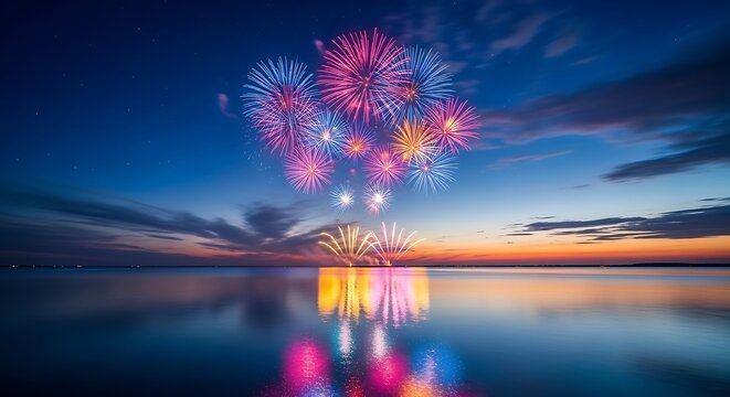 Colorful fireworks exploding in the night sky over a calm lake water reflection