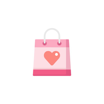 A pink shopping bag icon with a heart symbol on it. White handle, pink background