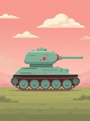 Fototapeta premium A stylized flat illustration of a vintage military tank parked in a grassy field at sunset time