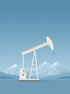 Minimalist Illustration of an Oil Pump Jack Operating Against Snowy Mountain Peaks Background
