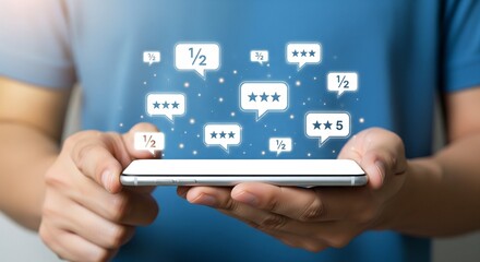 Fototapeta premium Person Holding Smartphone with Floating Digital Star Rating Icons for Customer Feedback Analysis