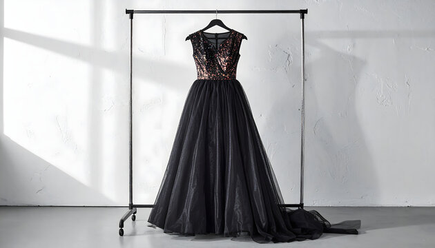 Mini dress with balloon hem hanging on a wire rack made of metallic taffeta in a bright studio setting generative AI