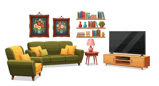 A cozy living room scene featuring a green sofa framed artwork a bookshelf and a modern tv setup