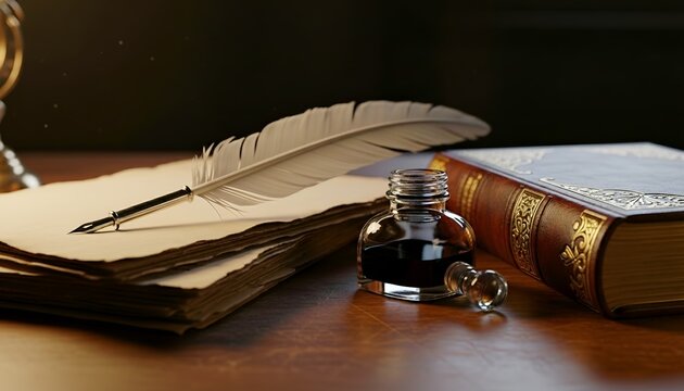 Old feather quill pen and ink bottle on a vintage leather book on wooden desk.