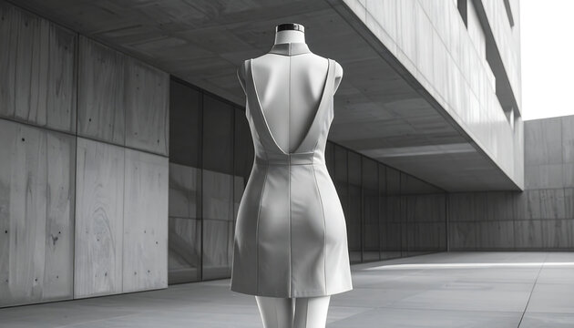 Midi dress with high halterneck and open back on a white mannequin against an architectural background with clean studio lighting generative AI