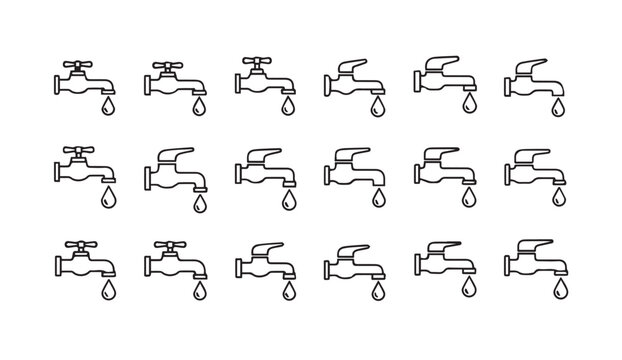 Row of dripping water taps in a clean white background