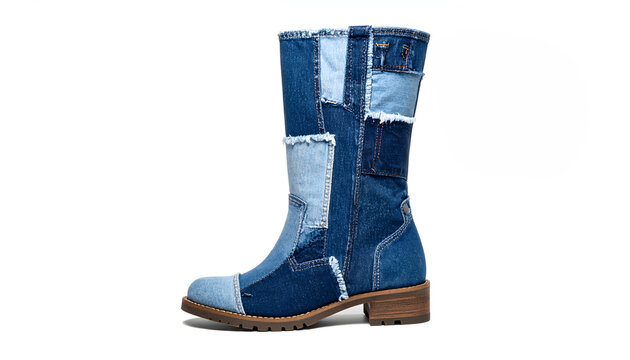 Mid calf boot made of denim patches in various indigo washes with raw edges and zig zag stitching in urban daylight generative AI