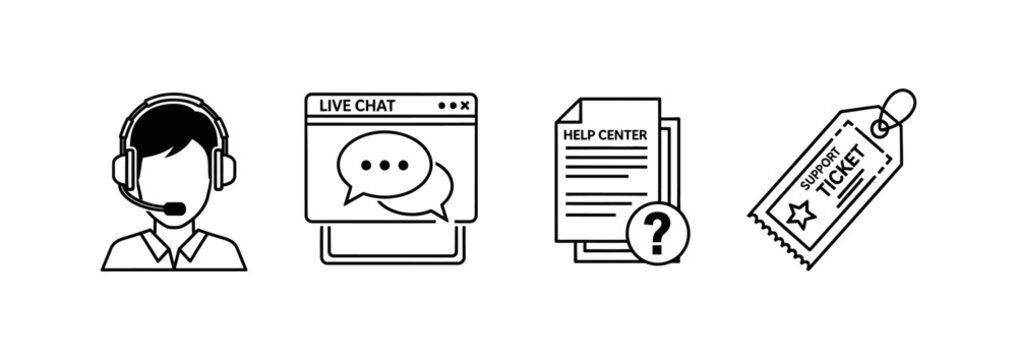 Customer service icons including headset, live chat, help document with question mark, and ticket