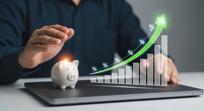 Piggy bank and growing financial graph with upward arrow on laptop, business growth concept