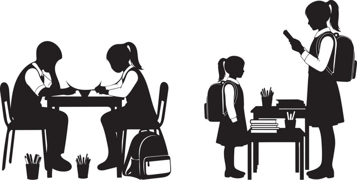Silhouette of school children sitting and standing with desks and books.