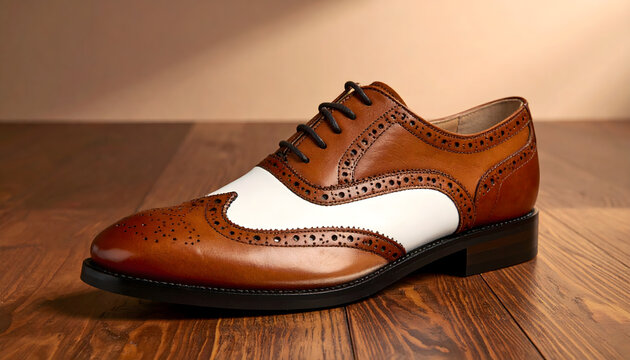 Oxford shoe with traditional wingtip perforations and brogue detailing in two tone brown and white leather on polished wooden floor generative AI