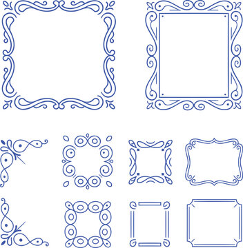 Collection of blue decorative ornate frames and corners