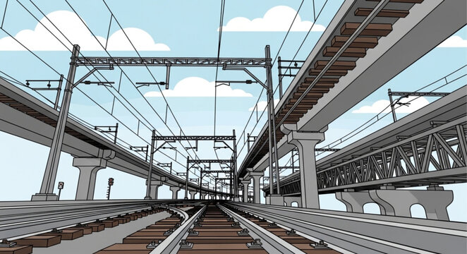 Modern train tracks and overhead power lines in a city.