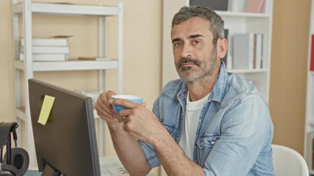 Man holding coffee cup at computer desk in building, seated by monitor and bookshelves and gazing aside with a relaxed posture; thoughtful pause.