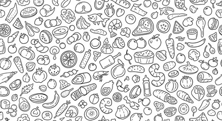 Slats personalizados para cozinha com sua foto Seamless pattern with hand drawn food items and healthy ingredients in black and white sketch style