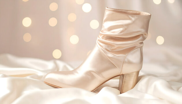 Sock boot in champagne satin with metallic heel resting on white silk cloth under ethereal bokeh lighting in dreamlike atmosphere generative AI