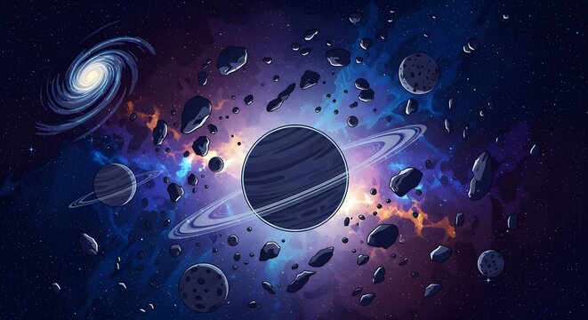 Vast cosmic scene with swirling galaxies, asteroid belt, and ringed planets, in a nebula-filled universe