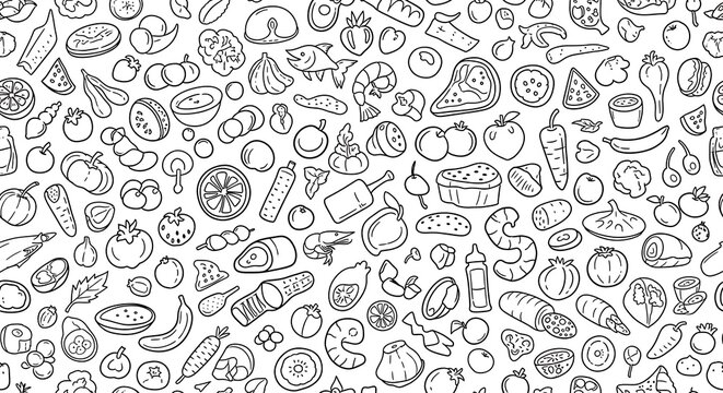 Seamless pattern with hand drawn food items and healthy ingredients in black and white sketch style