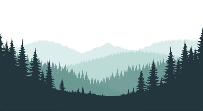 A serene forest landscape with towering trees and misty mountains