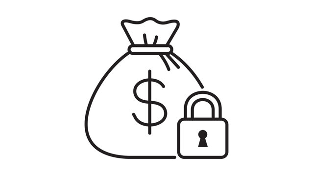 Secure money bag with dollar sign and padlock minimalist black line vector icon on white background. Financial security and asset protection illustration with editable stroke for customization.