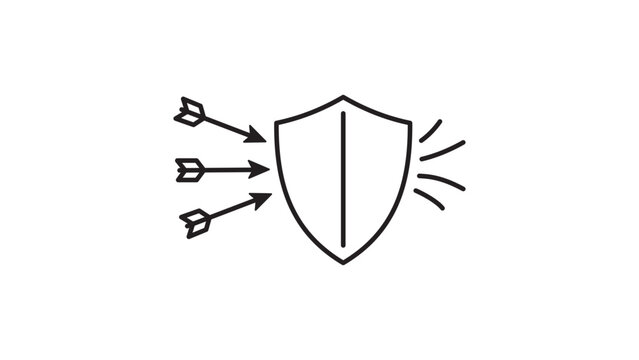 Minimalist Black Line Vector Icon of a Shield Deflecting Arrows on a White Background, Representing Cybersecurity, DDoS Protection, and Defense with Editable Stroke and Adjustable Line Weight.