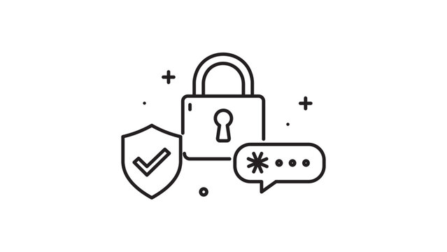 Cybersecurity and Data Protection Multi-Factor Authentication MFA Vector Icon Illustration with Padlock, Shield, and Password. Minimalist Black Line Art with Editable Stroke on White Background.