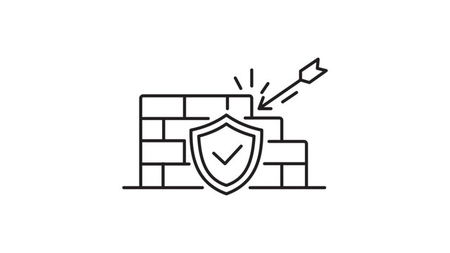 Intrusion Prevention and Network Security Firewall Editable Stroke Vector Icon Illustration Featuring a Protective Shield and Brick Wall Deflecting an Attack Arrow on a White Background.