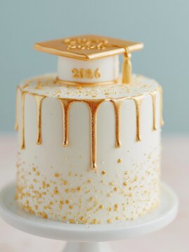 Graduation celebration cake featuring a white frosting design with gold drip and a graduation cap topper, displayed on a white cake stand against a soft blue background