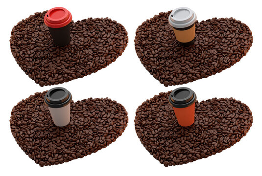 Set of colorful coffee cups on heart-shaped piles of coffee beans, isolated on white background. Concept of love for coffee and flavo
