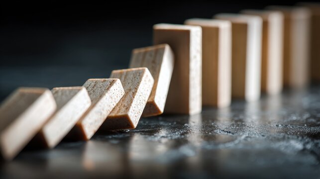 Domino Effect: A line of dominoes toppling in sequence, symbolizing the chain reaction and interconnectedness of events.