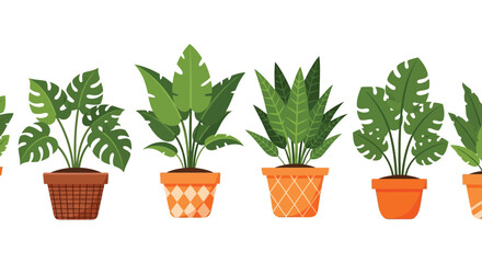 A colorful seamless pattern of various potted houseplants against a clean white background high quality © grvect02
