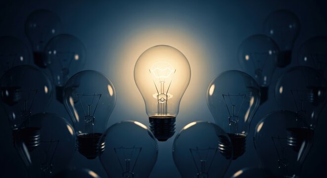 Bright Light Bulb Among Surrounding Lights Symbolizing Ideas and Inspiration