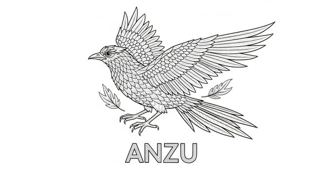 Anzu Bird Illustration Line Art Drawing.
