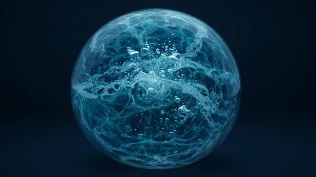 Abstract swirling blue liquid substance forming a sphere with internal bubbles and textures captured in a dark studio with dramatic side lighting creating a mysterious and fluid